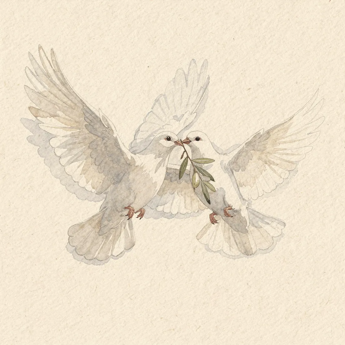 Two white watercolor doves carrying an olive sprig on warm paper