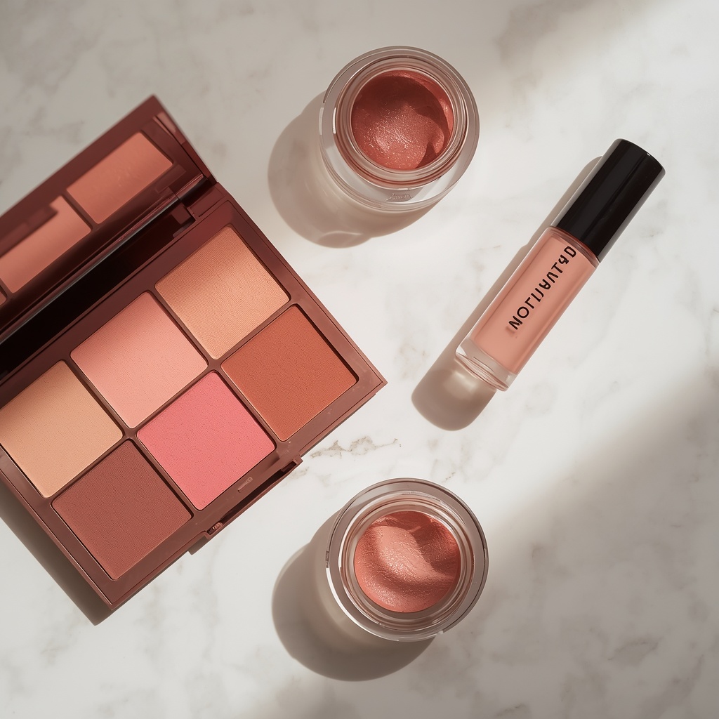 Beauty flat lay with cream blush, powder blush, and liquid makeup