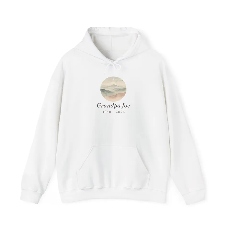 Quiet Mountains Memorial Hoodie in White, Printify product mockup (front view)