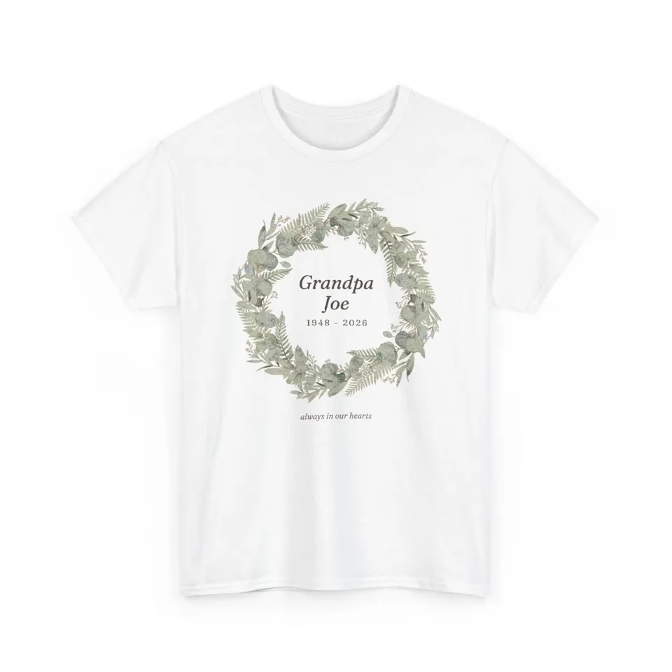 Evergreen Wreath Memorial Tee in White, Printify product mockup (front 2 view)